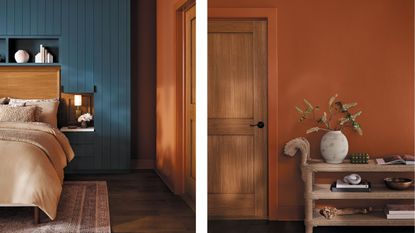 Bedroom with blue panelled wall and alcoves filled with books and trinkets, an orange wall on the left with a console filled with books and a vase.