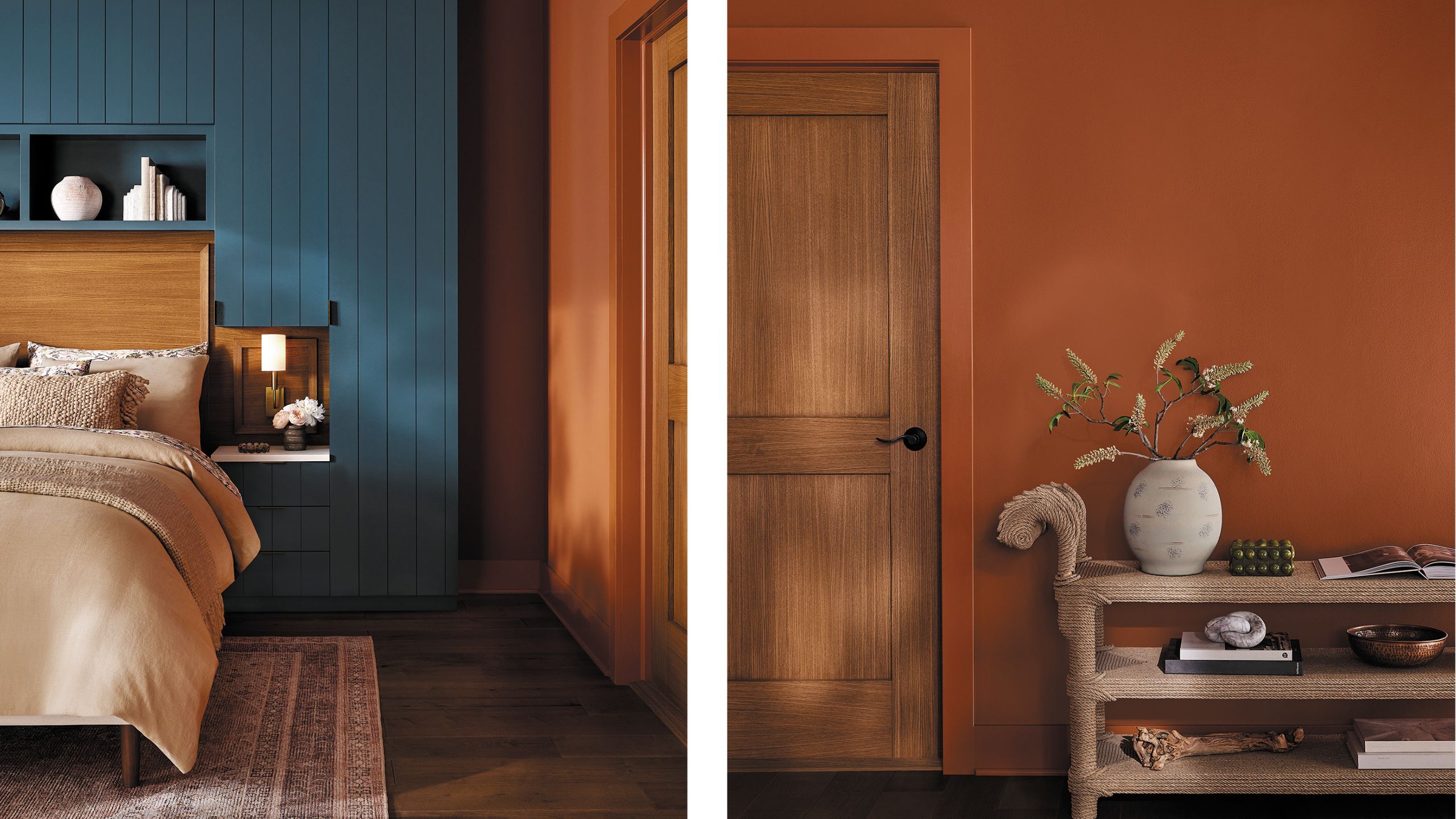 Bedroom with blue panelled wall and alcoves filled with books and trinkets, an orange wall on the left with a console filled with books and a vase.