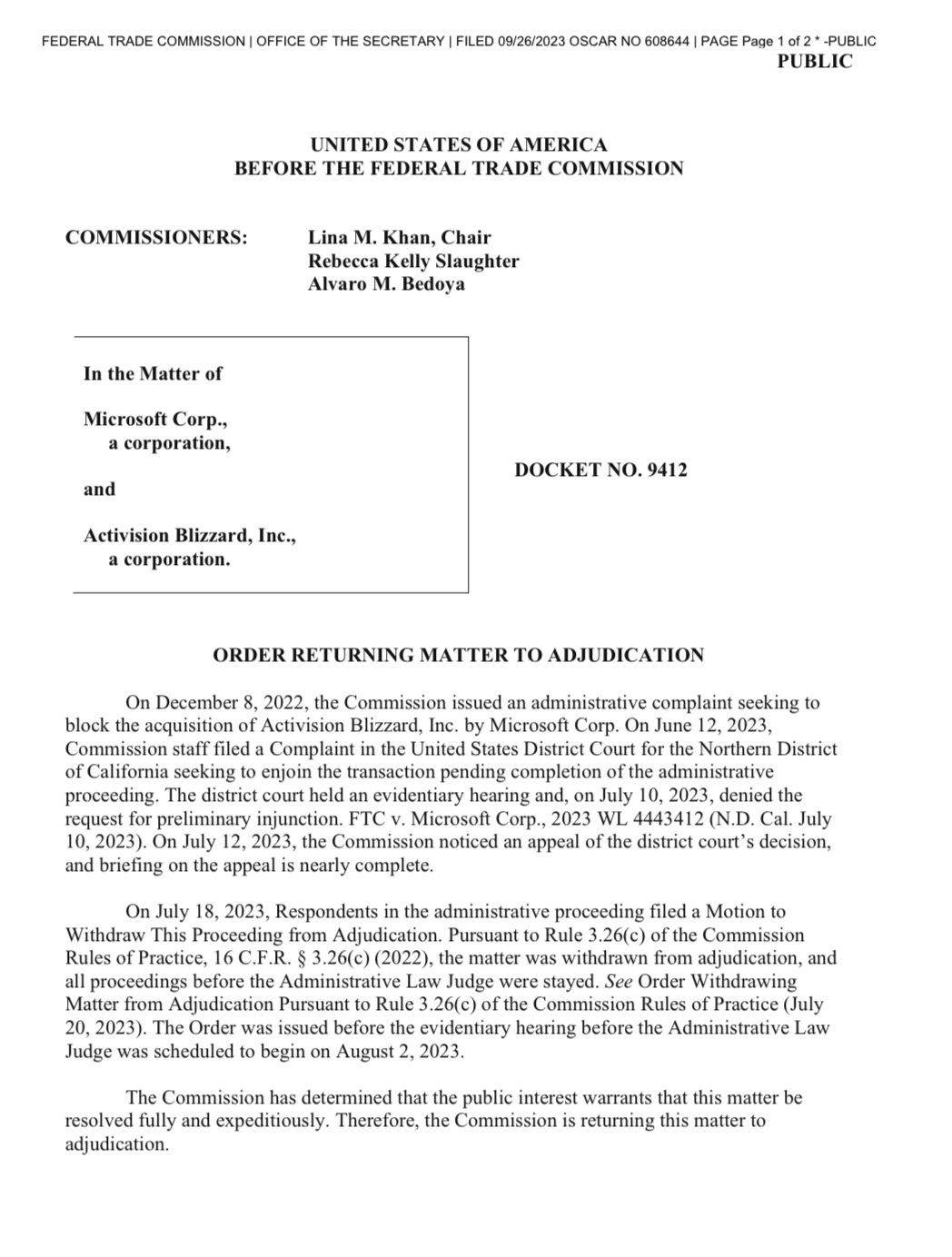Adjudication order from the FTC issued on September 27 regarding the Microsoft acquisition of Activision Blizzard King
