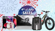 Collage of tech products with 4th of July sales text above them