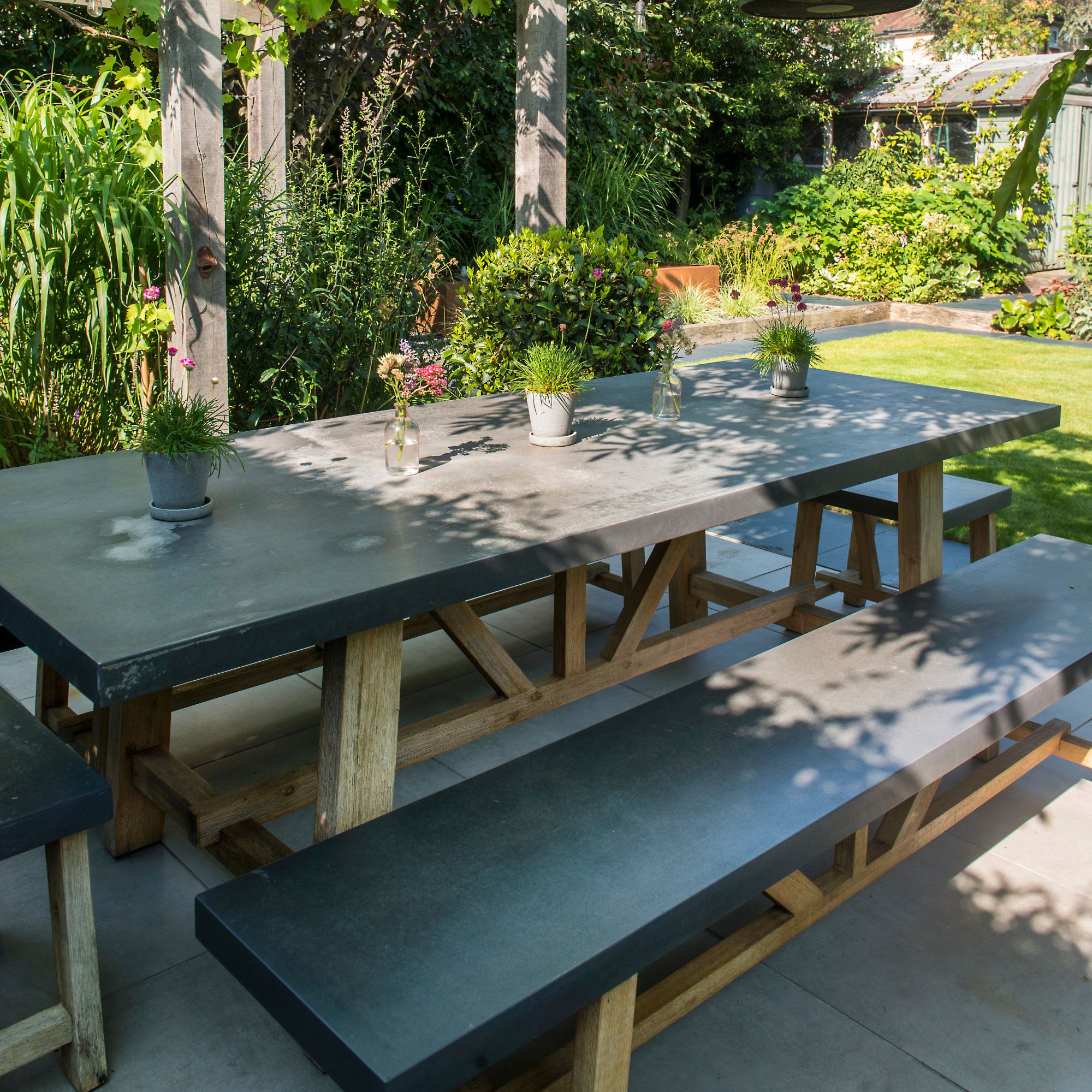 Outdoor bench seating in a garden
