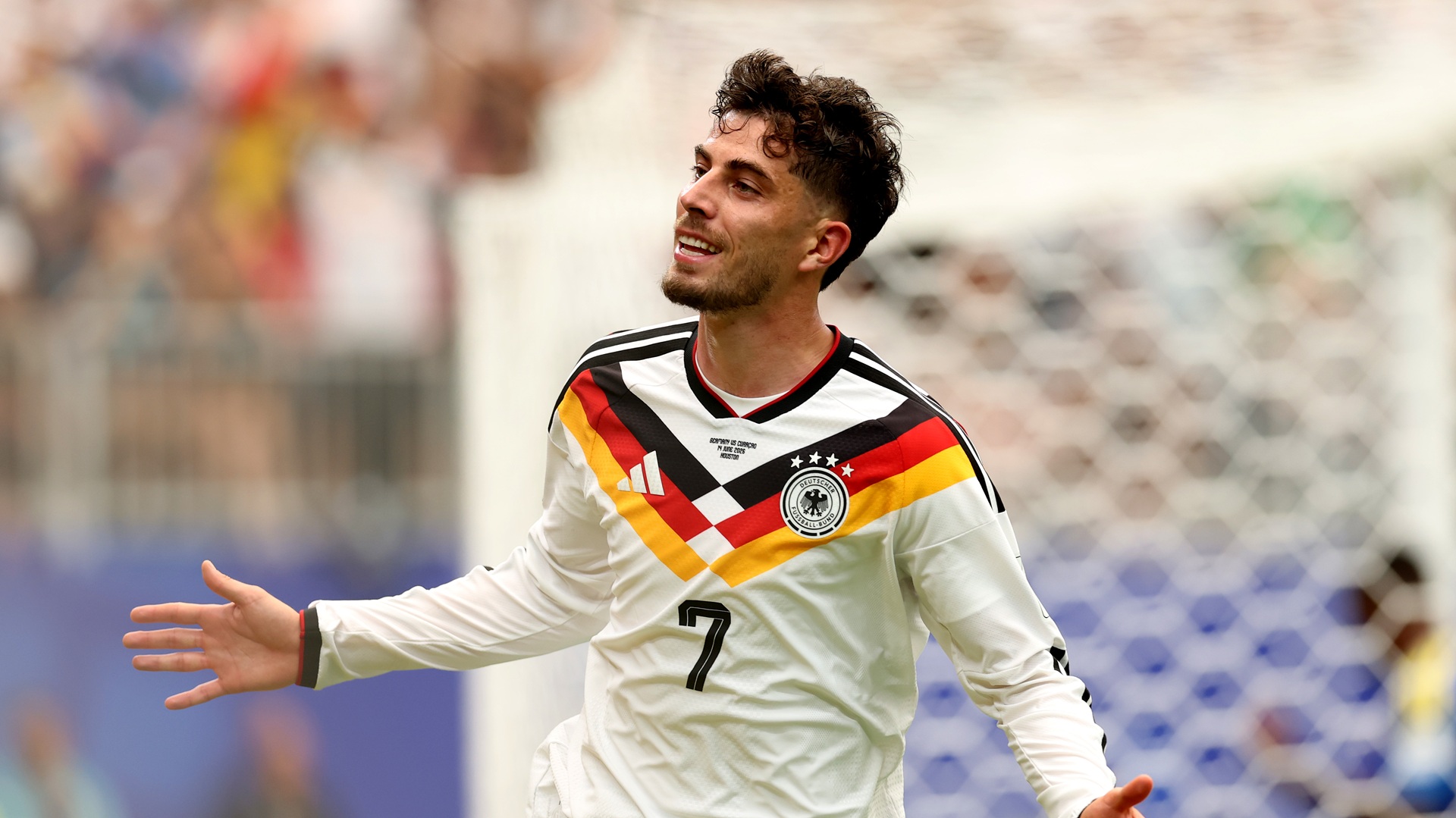 HOUSTON, TEXAS - JUNE 14: Kai Havertz #7 of Germany celebrates scoring his team's seventh goal during the FIFA World Cup 2026 Group E match between Germany and Curacao at Houston Stadium on June 14, 2026 in Houston, Texas. (Photo by Julian Finney - FIFA/FIFA via Getty Images)