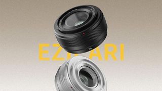 SG-Image AF 35mm f/2.2 promotional image showing black and silver lenses on a grey to tan gradient 