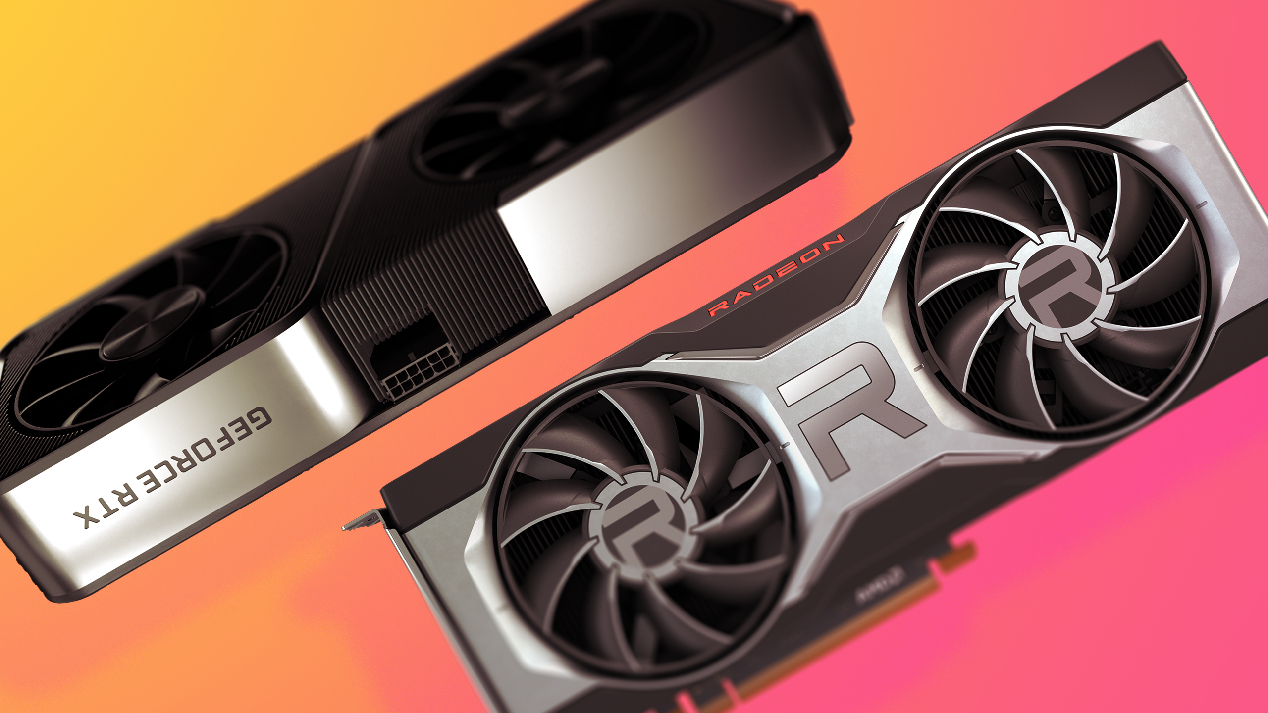 Nvidia RTX 3070 and AMD RX 6700 XT side by side on a colored background