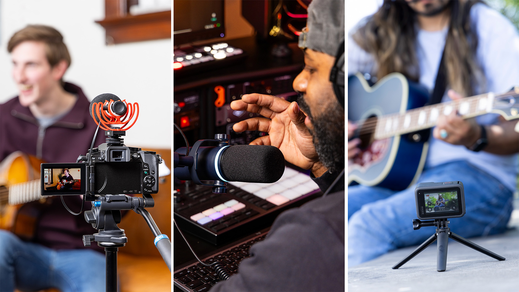 Three lifestyle images, camera recording musician playing guitar, person talking into microphone in studio setting, and person playing guitar while recording with an action camera 