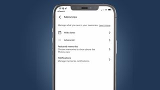 A phone screen showing Google Photos Memories settings