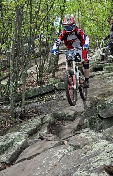 A rider rolls the rocky terrain at the Massanutten Yee Ha!