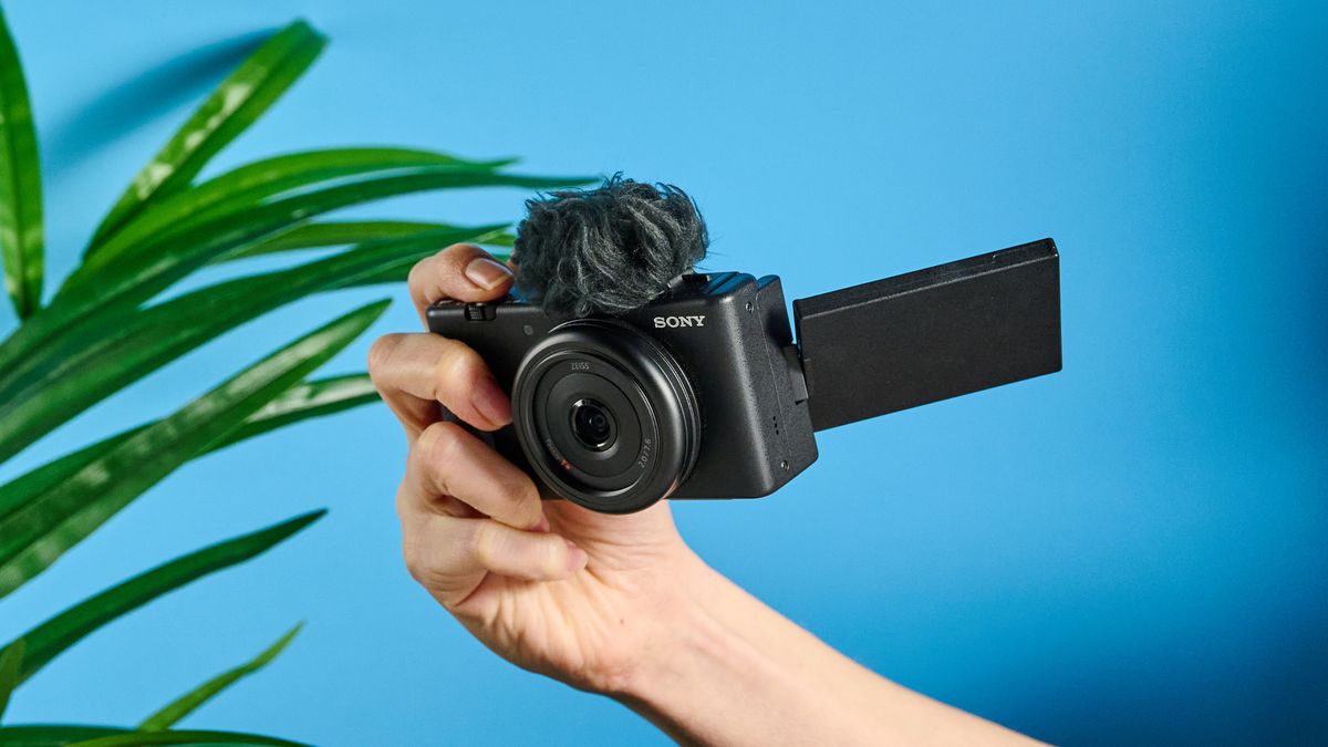 A black Sony ZV-1F compact vlogging camera