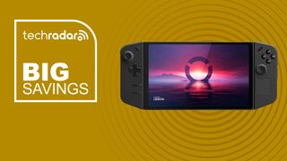 The Lenovo Legion Go on a yellow background with text saying Big Savings.