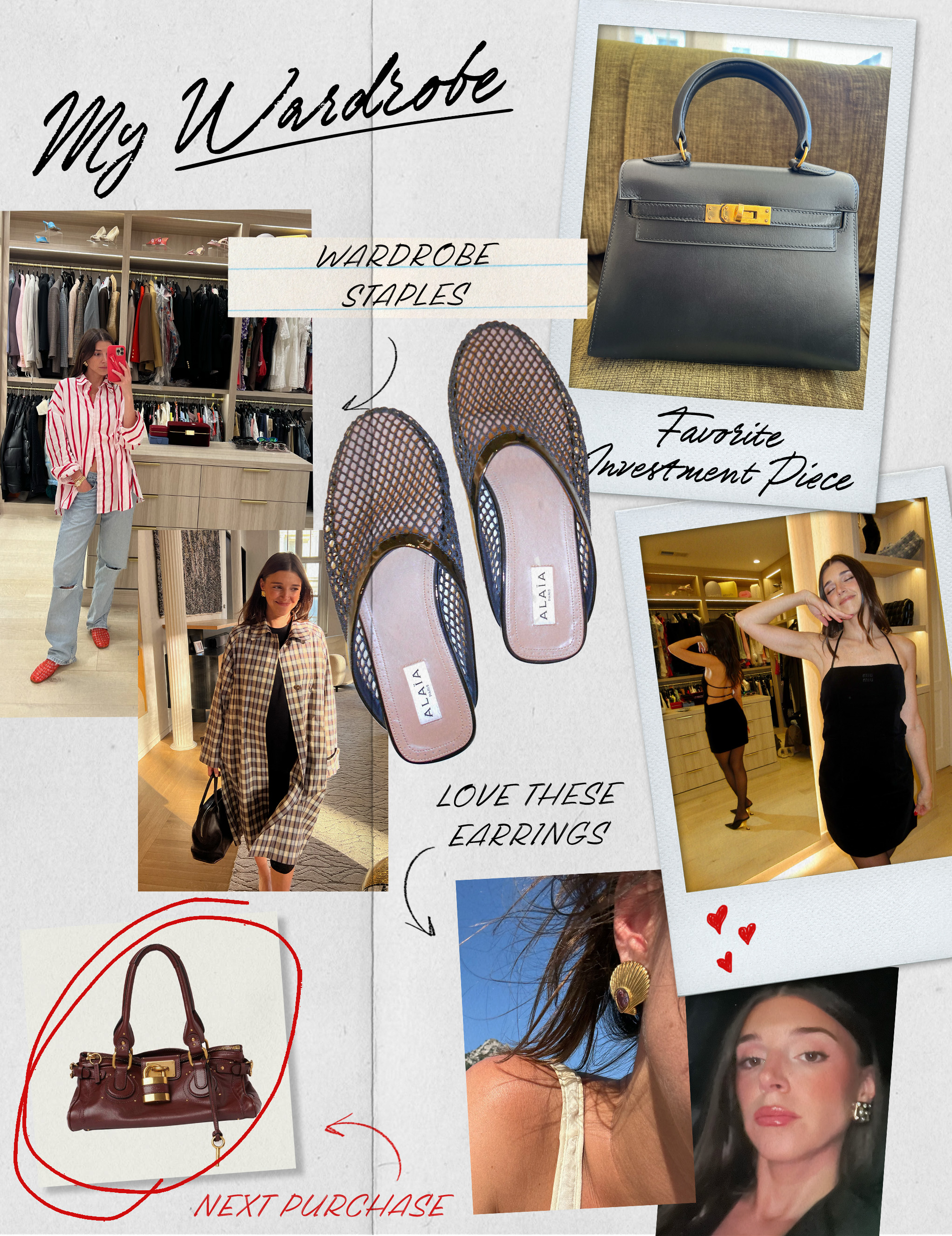 Collage of Lauren Ratner and pieces from her wardrobe.