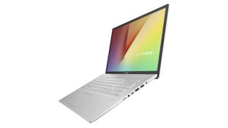 Angled view of an open laptop floating