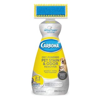 Carbona Oxy-Powered Pet Stain & Odor Remover with built-in brush on the top of the bottle