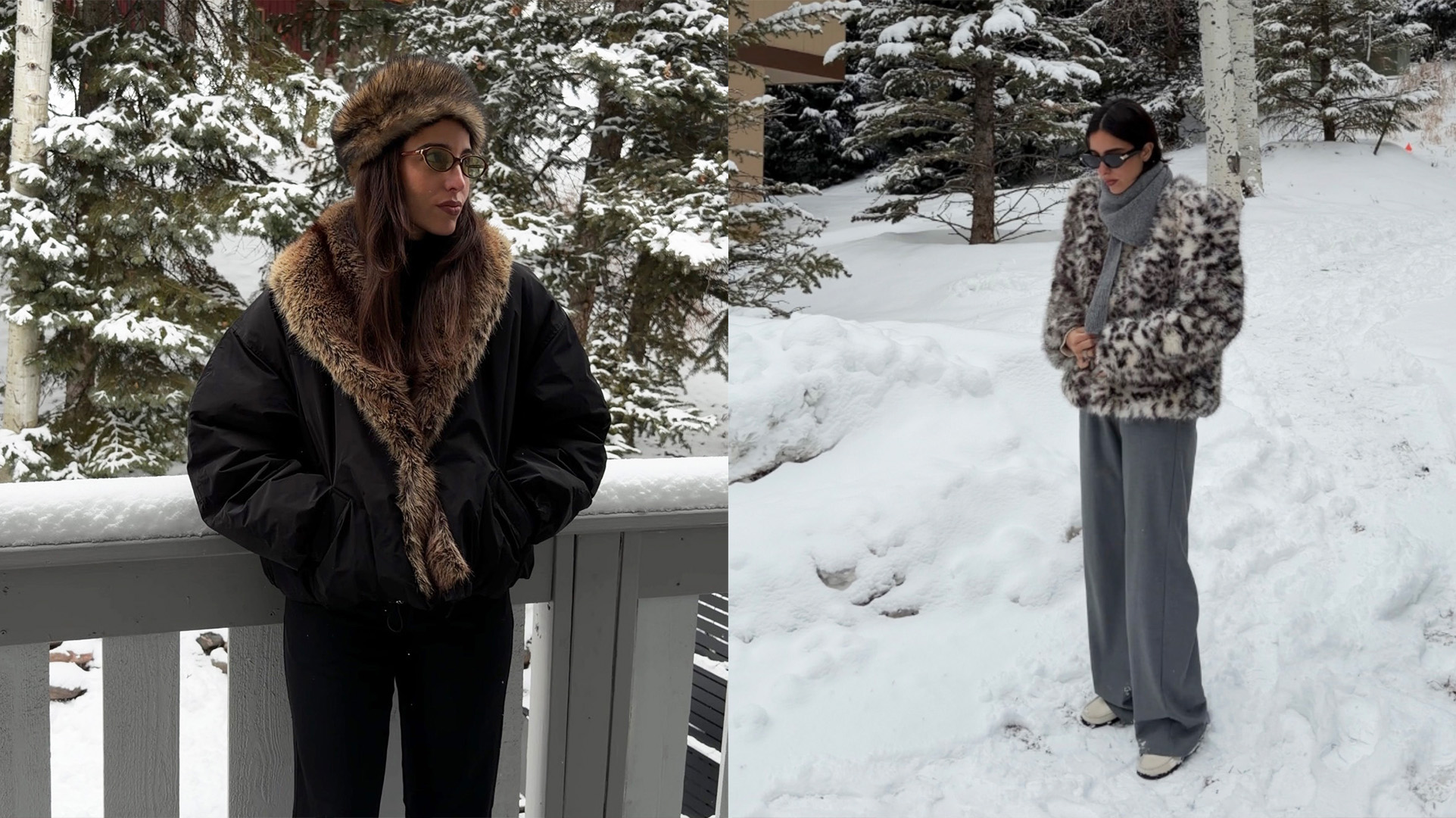 Bettina Looney wearing fur-trimmed jackets in the snow