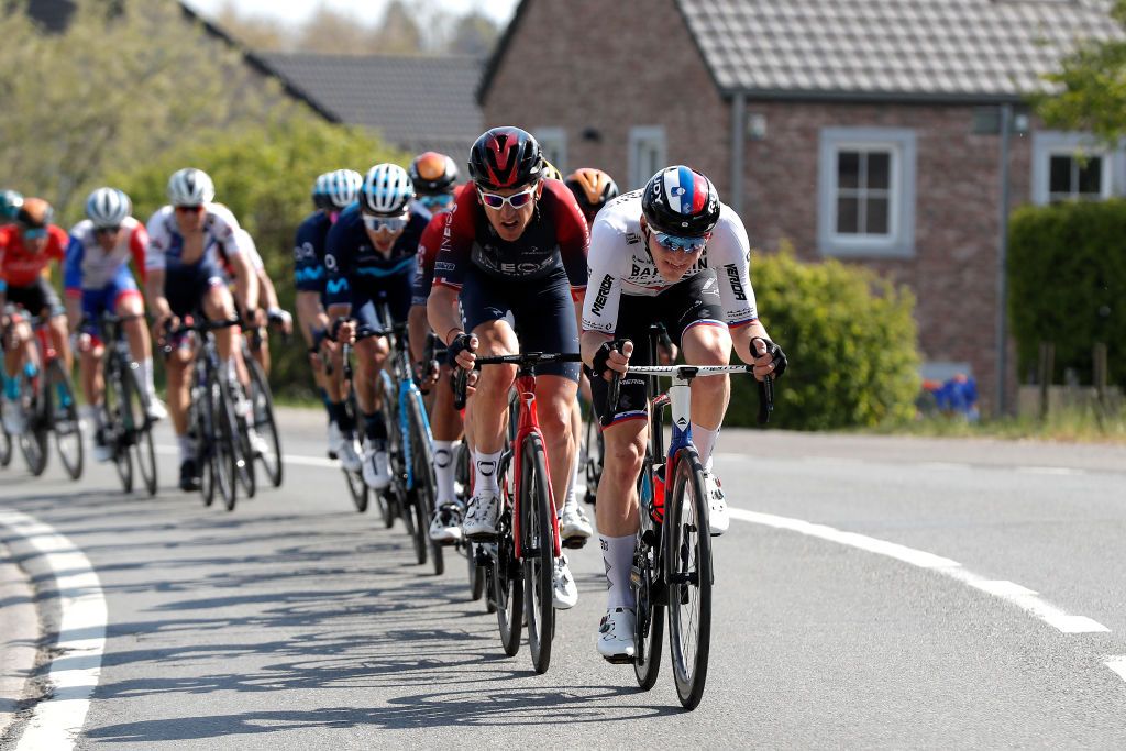 LIEGE BELGIUM APRIL 24 LR Geraint Thomas of The United Kingdom and Team INEOS Grenadiers and Matej Mohoric of Slovenia and Team Bahrain Victorious attack during the 108th Liege Bastogne Liege 2022 Mens Elite a 2572km one day race from Lige to Lige LBL WorldTour on April 24 2022 in Liege Belgium Photo by Bas CzerwinskiGetty Images