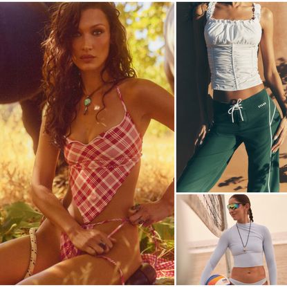 a collage of Bella Hadid wearing a tankini, woman wearing green board shorts, and woman wearing a blue rashguard