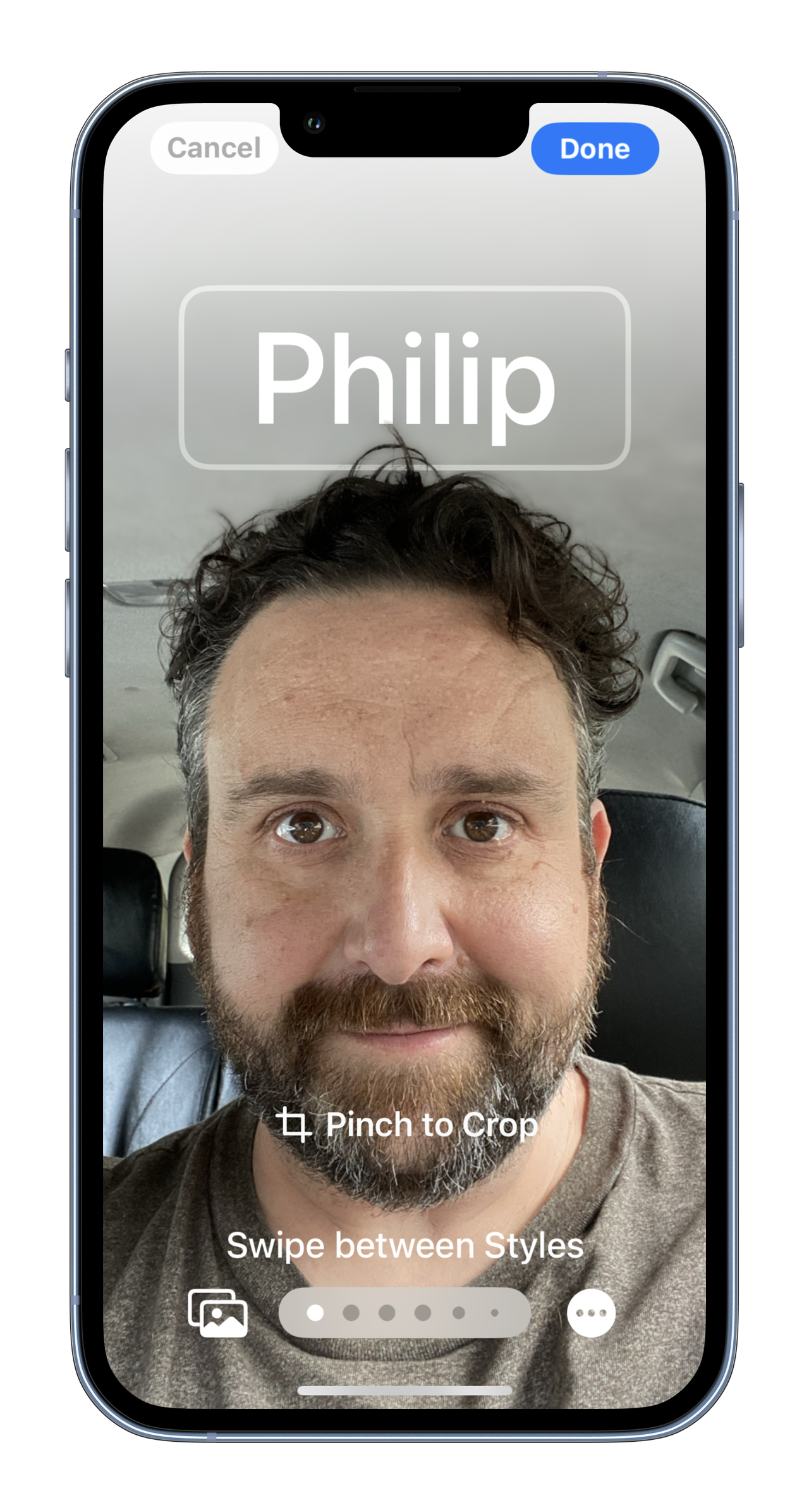 MockUPhone screenshots of the contact poster on iOS 17 showing my face with name and different color and filter options