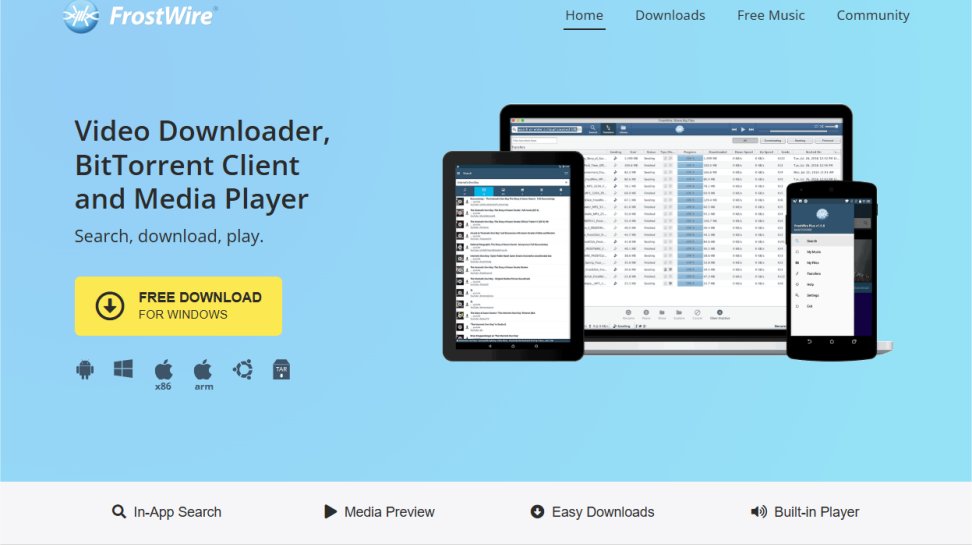 FrostWire website screenshot (July 2025).