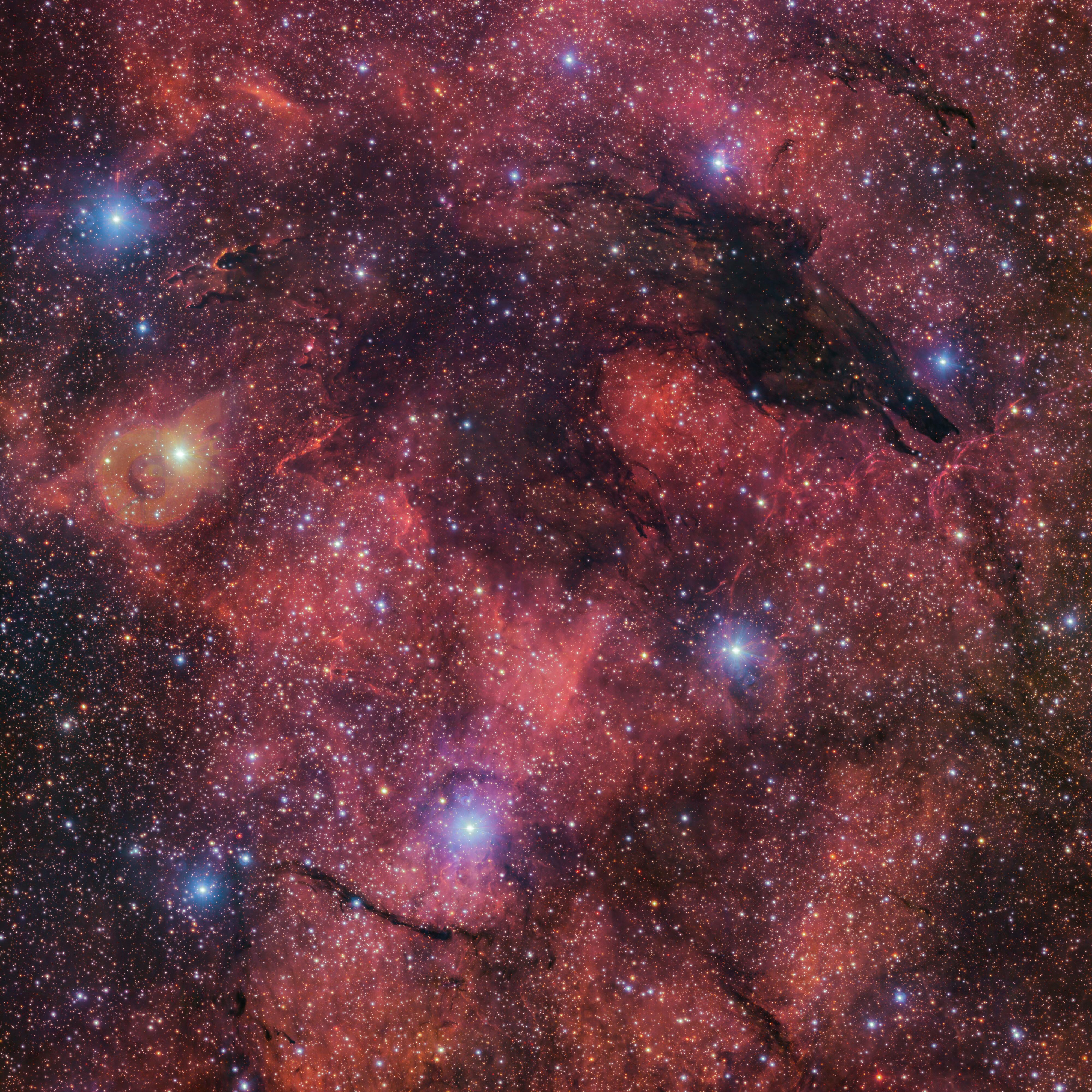 Red smoke with a black wolf-shaped clearing at the top. The blue orbs shine through the bright red gas cloud