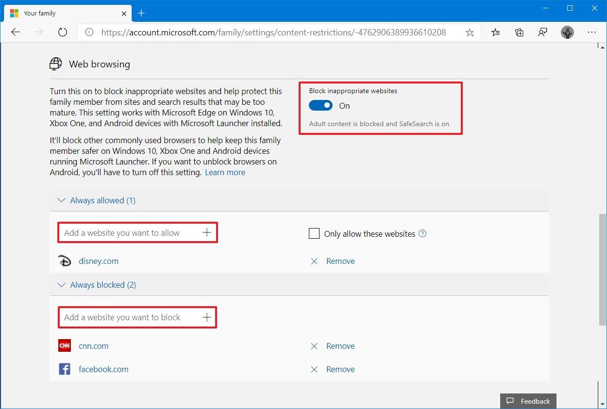 Microsoft account web filtering