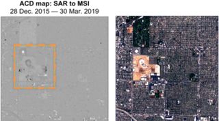 On the left is a change-detection map of the construction of SoFi Stadium in Los Angeles over the course of three years derived from Sentinel-1 SAR (synthetic aperture radar) and Sentinel-2 multispectral imagery. On the right is a Sentinel-2 true-color composite of the same area. The black marks on the change-detection map show unusual changes; gray indicates common changes; and white illustrates persistent anomalies. Sentinel-1 and Sentinel-2 are Earth-observing satellites operated by the European Space Agency.