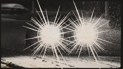 Photo collage of a car driving in low light, with two giant, cartoonish light glares emitting from the headlights