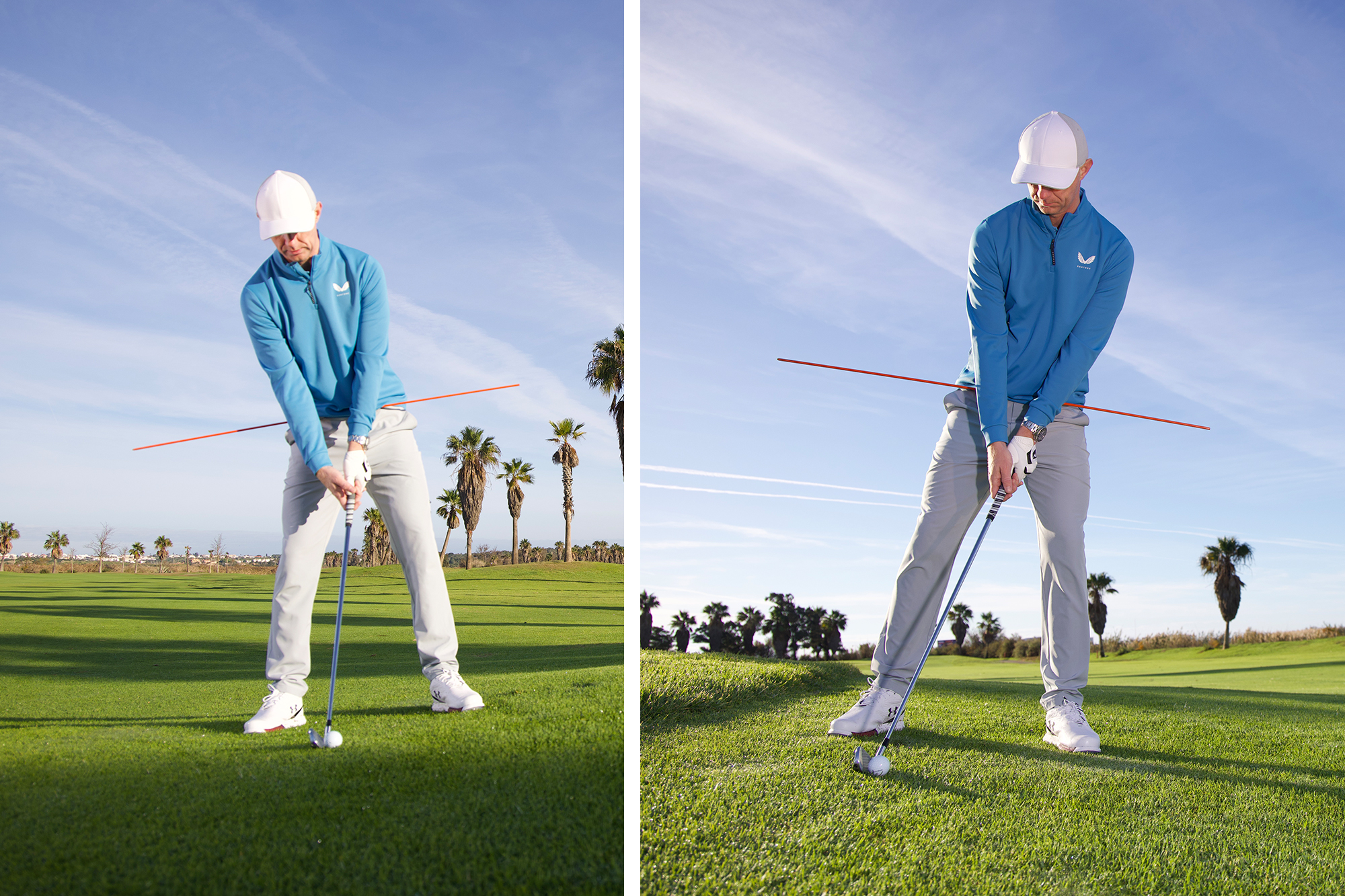 Ged Walters in a side-by-side image showing how to adjust body position for hitting off slopes - with an example of downslope and upslope