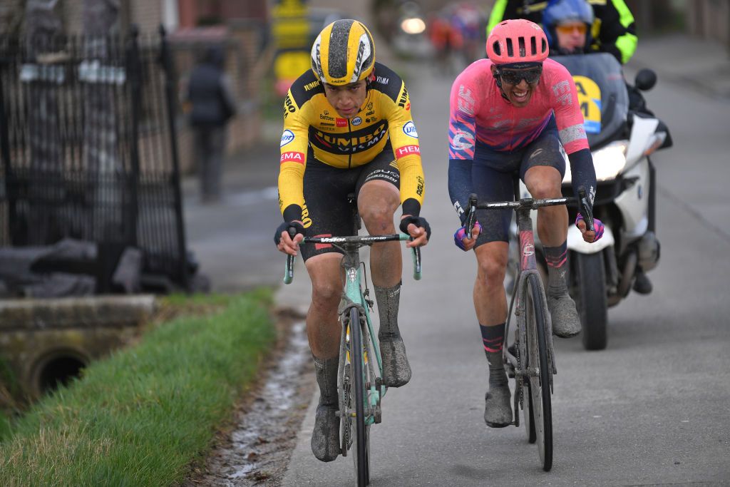 NINOVE BELGIUM FEBRUARY 29 Wout Van Aert of Belgium and Team JumboVisma Sep Vanmarcke of Belgium and Team EF Education First during the 75th Omloop Het Nieuwsblad 2020 Men Race a 200km race from Ghent to Ninove OmloopHNB OHN20 on February 29 2020 in Ninove Belgium Photo by Tim de WaeleGetty Images