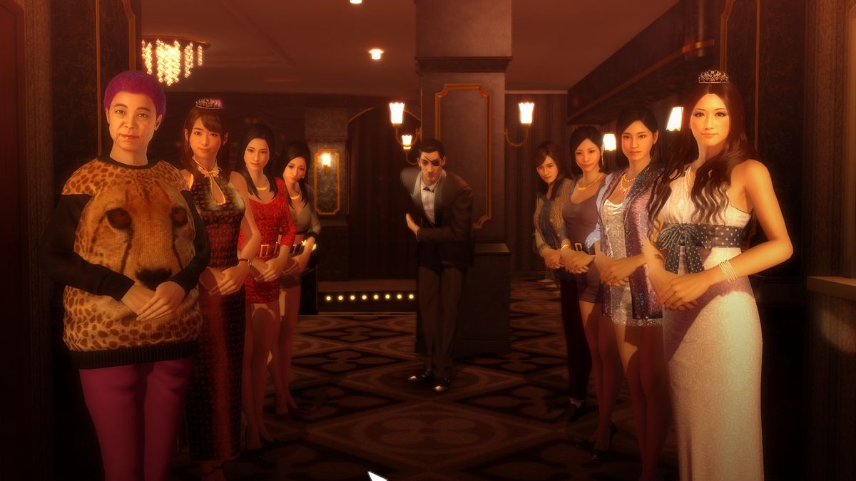 Hostesses welcome a guest to a cabaret club