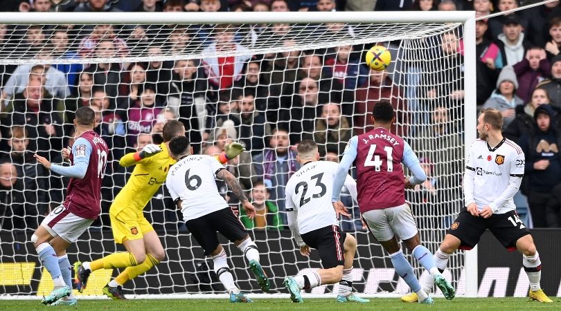 Jacob Ramsey of Aston Villa scores their team&#039;s third goal during the Premier League match between Aston Villa and Manchester United at Villa Park.