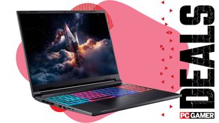 An Acer Nitro V 16S gaming laptop on a pink and white background, with "deals" text running down the right hand side