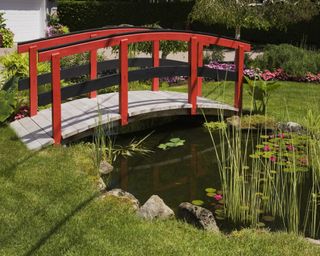 Japanese style bridge over a backyard pond