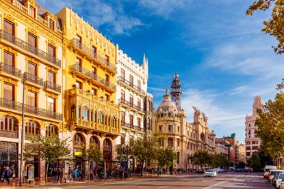 Plaza del Ayuntamiento square with historic buildings on a sunny day, Valencia, Spain, Europe