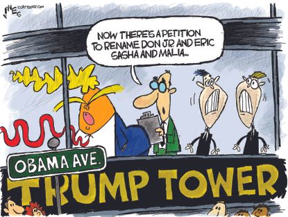 Political Cartoon U.S. Trump Tower Obama Avenue Petition Rename Don Jr and Eric