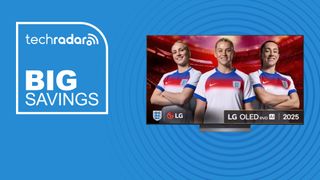 The LG C5 65-inch OLED TV on a blue background with text saying Big Savings.