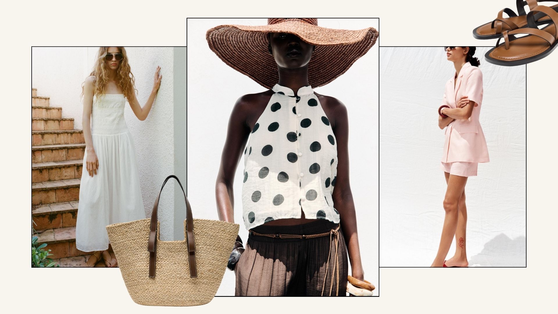 Woman in white dress; woman in polka dot top; woman in pink suits; brown sandals; basket bag
