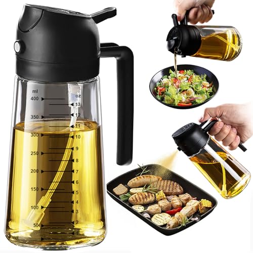 Trendplain 16oz/470ml Glass Olive Oil Sprayer for Cooking &amp;ndash; 2 in 1 Olive Oil Dispenser Bottle for Kitchen Gadgets and Air Fryer Accessories, Salad, Bbq - Black