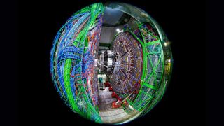 Taken with a fish-eye lens, this image shows the Compact Muon Solenoid (CMS) detector assembly in a tunnel of the Large Hadron Collider (LHC).