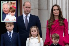 King Charles and Prince Louis sat on his knee as a drop in, main image Prince George, Prince William, Princess Charlotte, Kate Middleton and Prince Louis on royal balcony looking serious