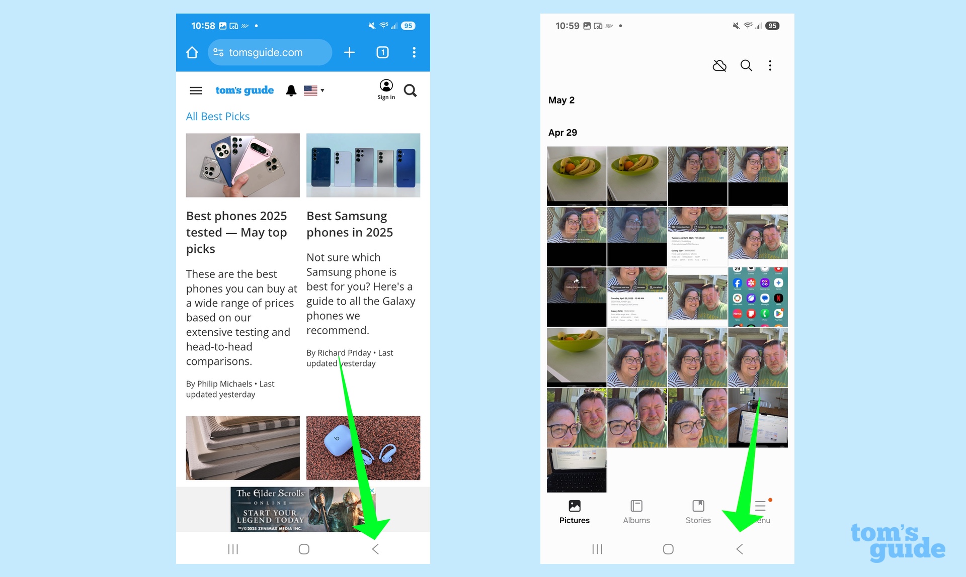 The back button in Chrome and the Gallery app on a Galaxy S25 Plus