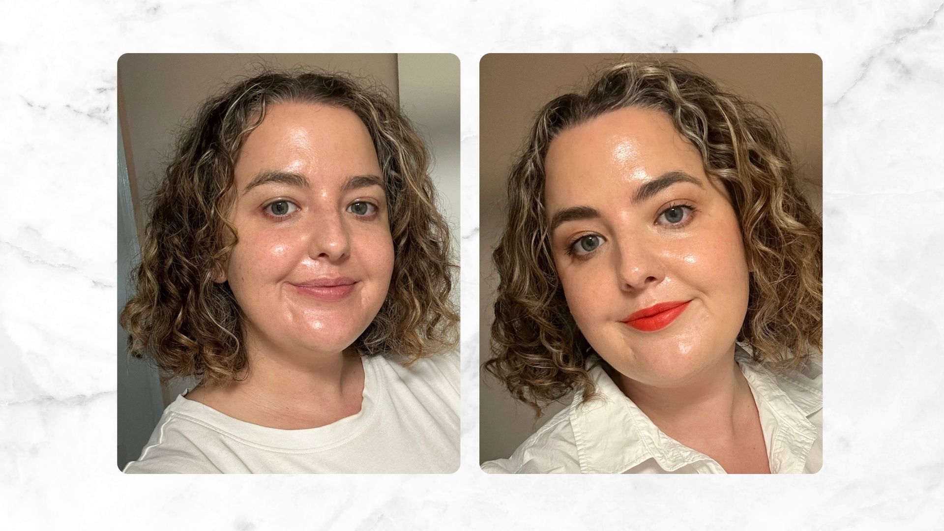 Two images of senior beauty editor Rhiannon Derbyshire with glowing skin - one without makeup, one with makeup