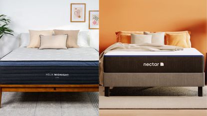 A Helix Midnight Hybrid Mattress beside a Nectar Memory Foam Mattress.