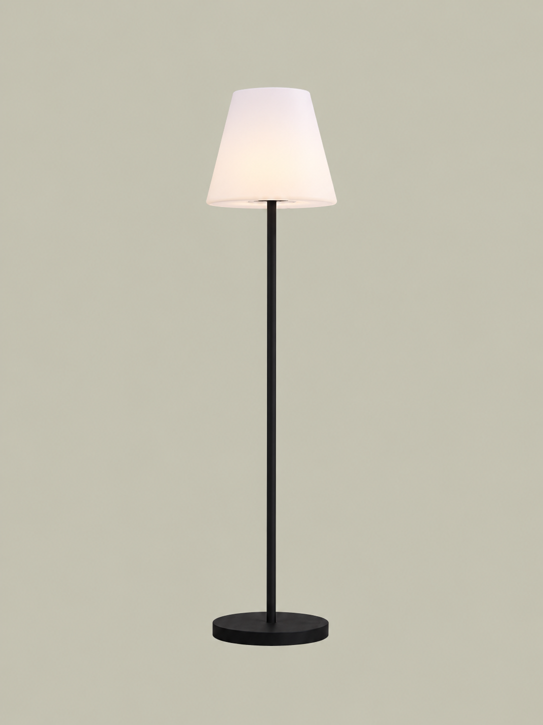 An outdoor floor lamp with black frame and white shade