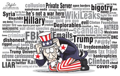 Political cartoon U.S. 2016 election Donald Trump Hillary Clinton media coverage