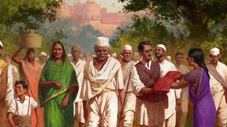 Art for Victoria 3's Pivot of Empire immersion pack, showing a crowd of Indian people walking toward the camera.