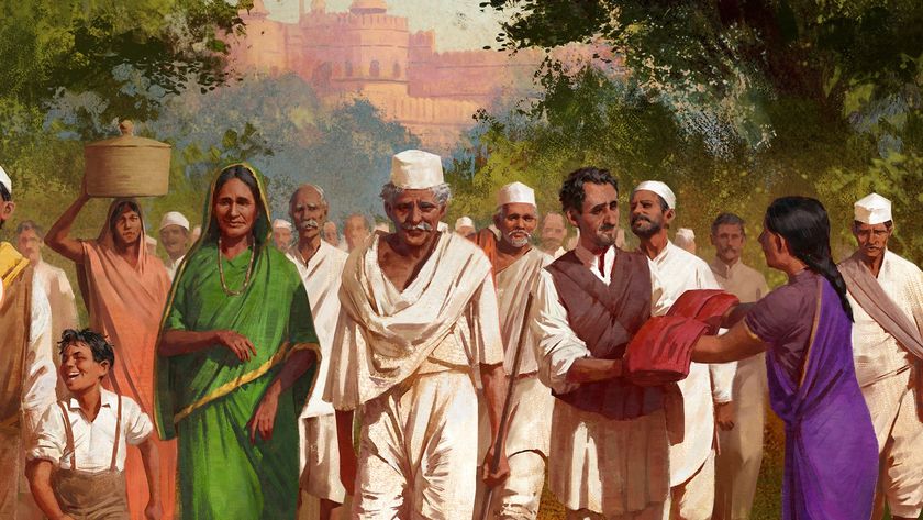 Art for Victoria 3&#039;s Pivot of Empire immersion pack, showing a crowd of Indian people walking toward the camera.