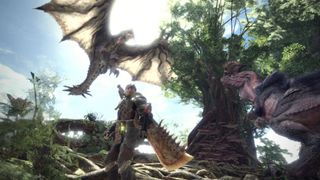 En bild från Monster Hunter: World som visar en karaktär ute i djungeln med en flygande dinosaur över sig och en raptorliknande dinosaur bredvid sig.