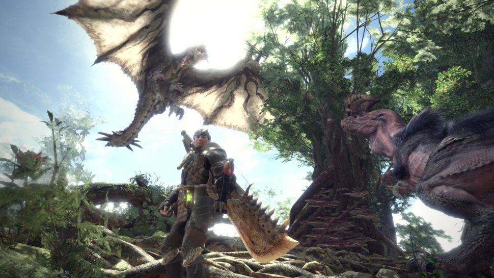 Monster Hunter character being attacked by a Rathian