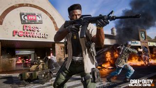 A soldier fires an assault rifle outside of a video store