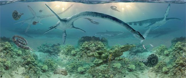 A depiction of an elasmosaur underwater.