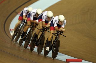 Oliver Wood leads Andrew Tennant, Kian Emadi-Coffin and Mark Stewart of Great Britain during the Men's Team Pursuit Qualifying at the Sir Chris Hoy Velodrome